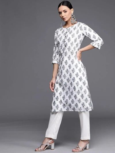 White Printed Cotton Kurta - Libas