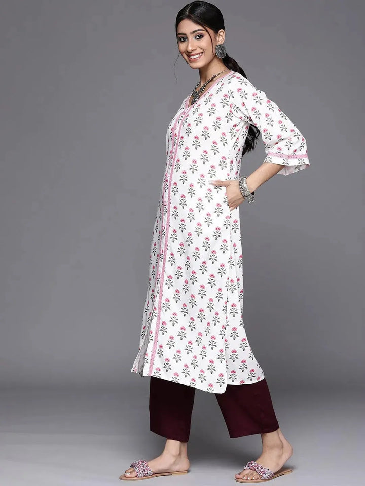 White Printed Cotton Kurta - Libas