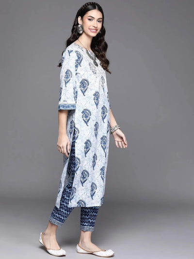 White Printed Cotton Kurta - Libas