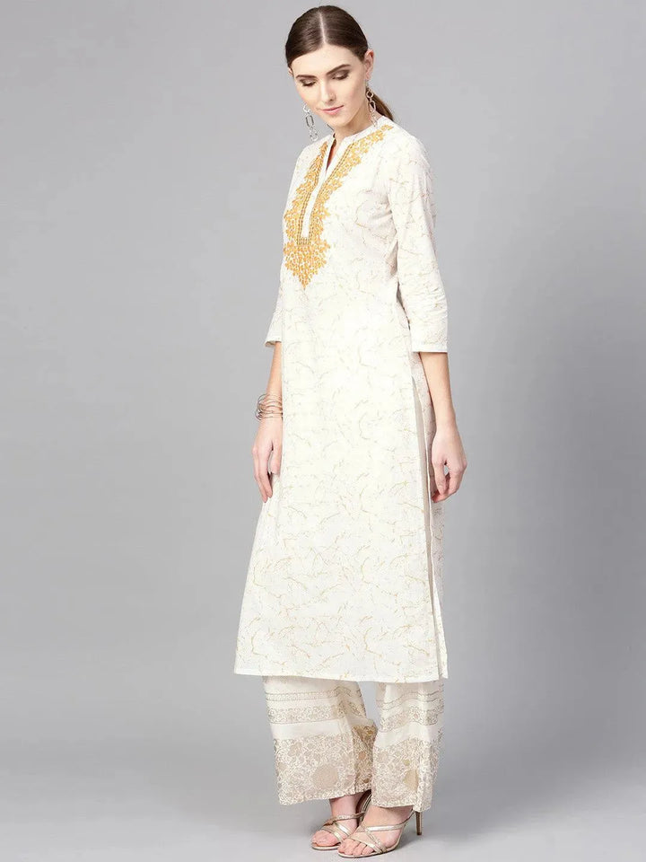 White Printed Cotton Kurta - Libas