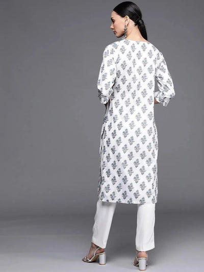 White Printed Cotton Kurta - Libas