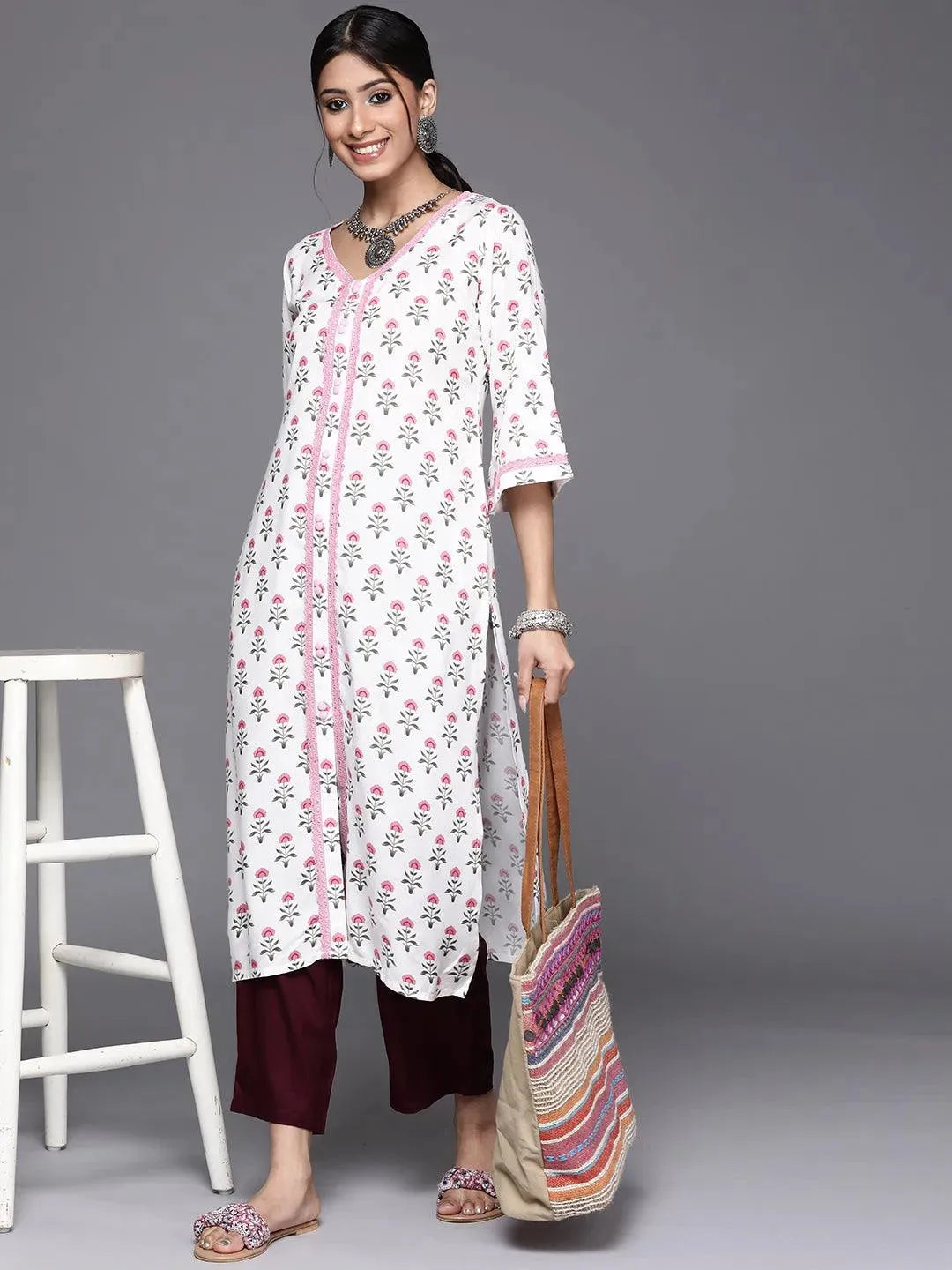 White Printed Cotton Kurta - Libas