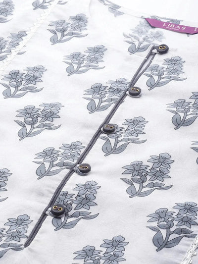 White Printed Cotton Kurta - Libas