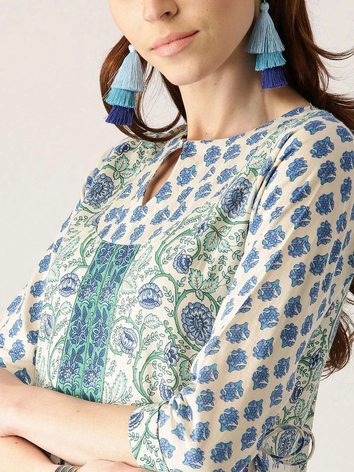 White Printed Cotton Kurta - Libas