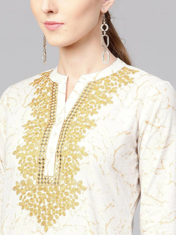 White Printed Cotton Kurta - Libas