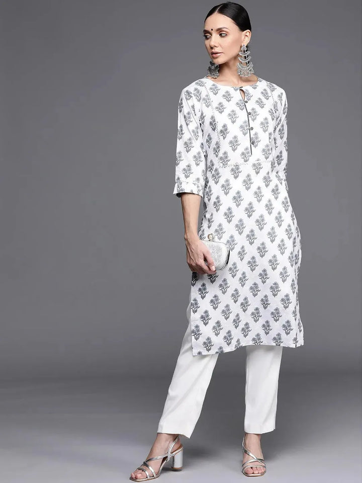 White Printed Cotton Kurta - Libas