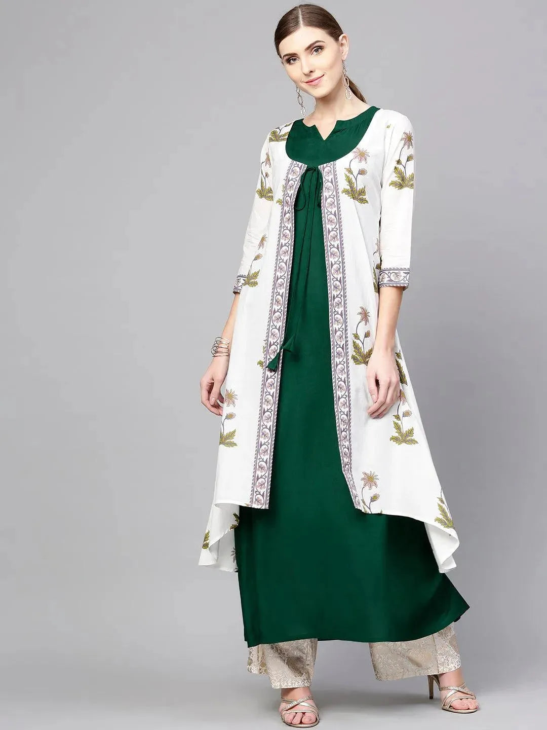 White Printed Cotton Kurta With Jacket - Libas 
