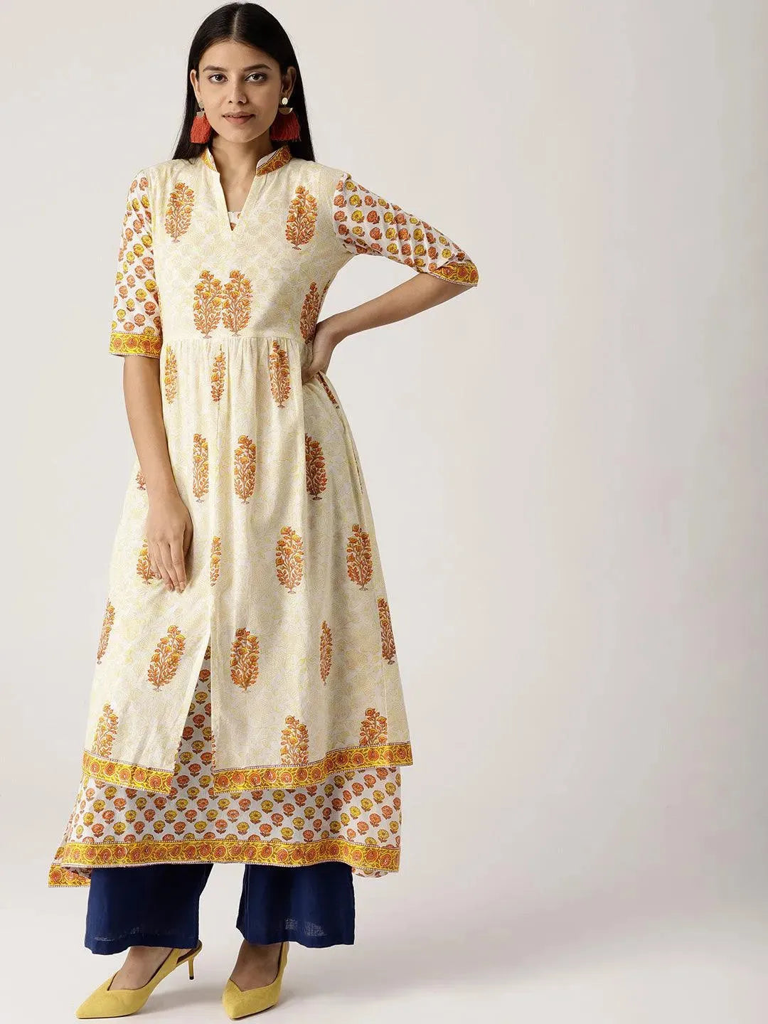 White Printed Cotton Kurta With Jacket - Libas