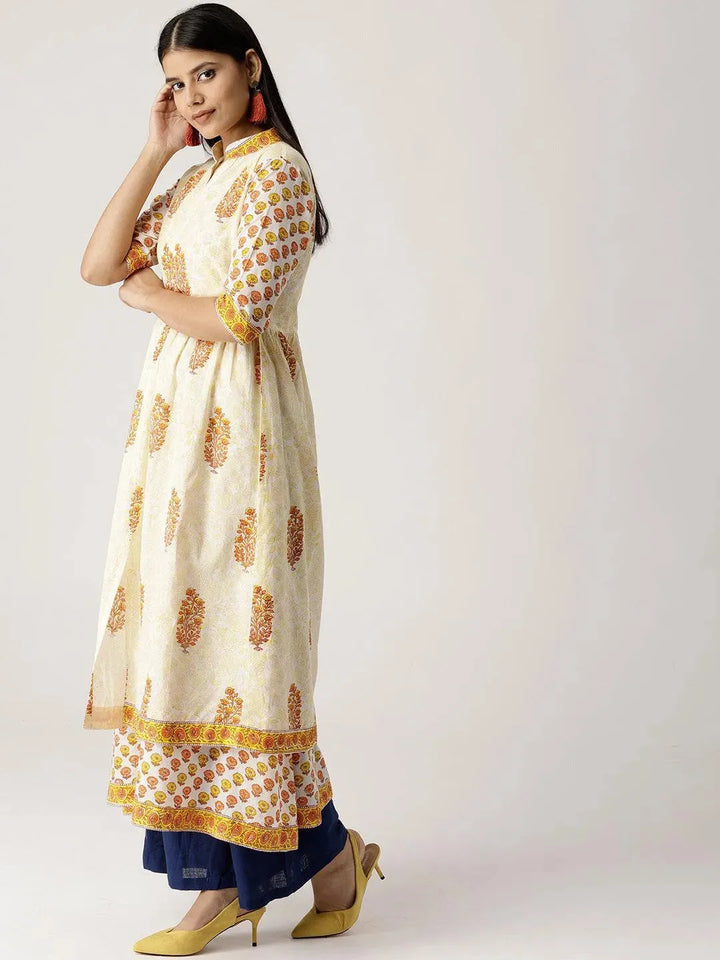 White Printed Cotton Kurta With Jacket - Libas