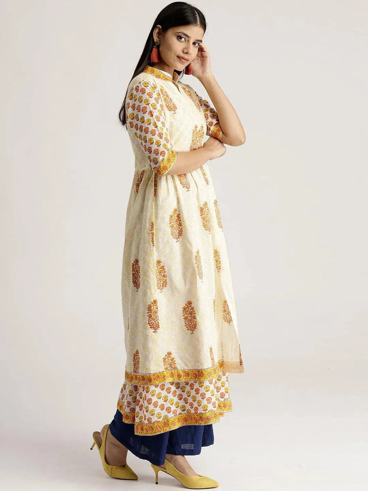 White Printed Cotton Kurta With Jacket - Libas