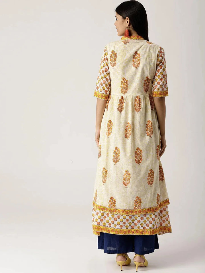 White Printed Cotton Kurta With Jacket - Libas