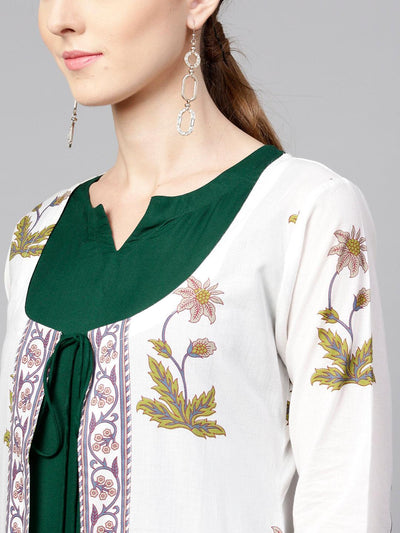 White Printed Cotton Kurta With Jacket - Libas