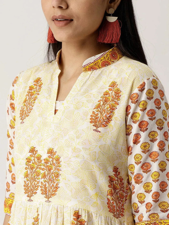 White Printed Cotton Kurta With Jacket - Libas