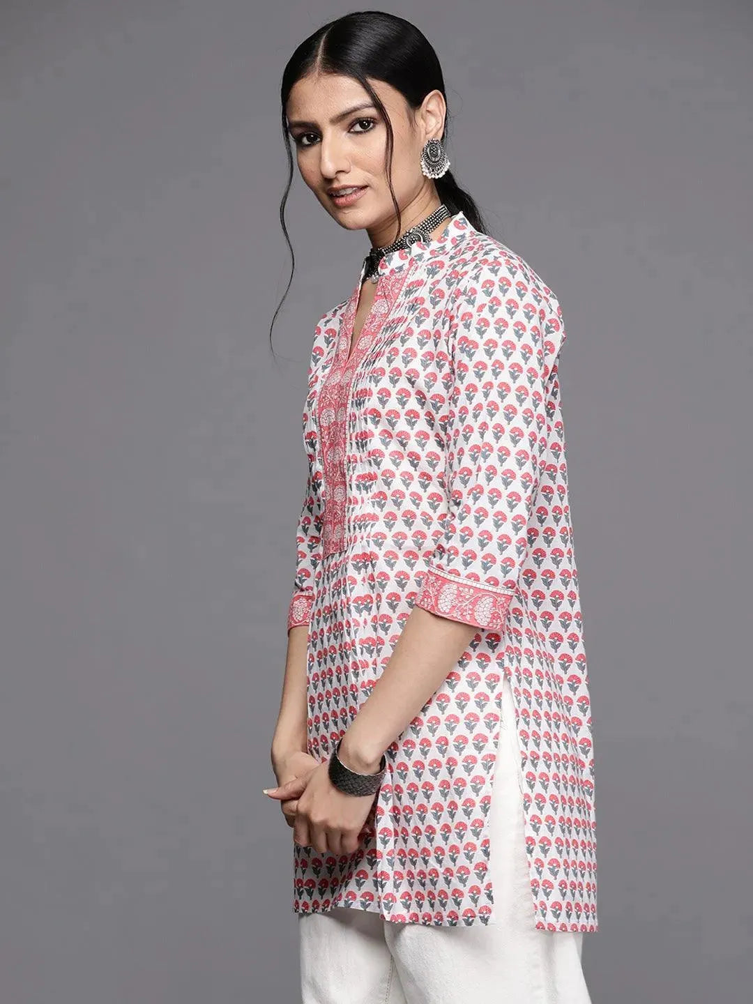 White Printed Cotton Kurti - Libas