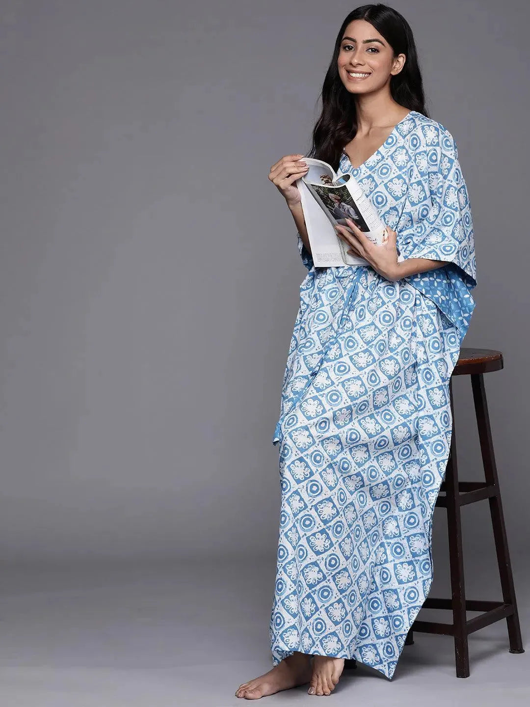 White Printed Cotton Night Dress - Libas