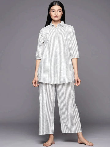 White Printed Cotton Night Suit