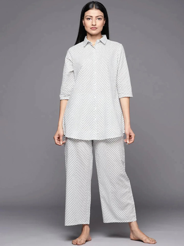 White Printed Cotton Night Suit - Libas