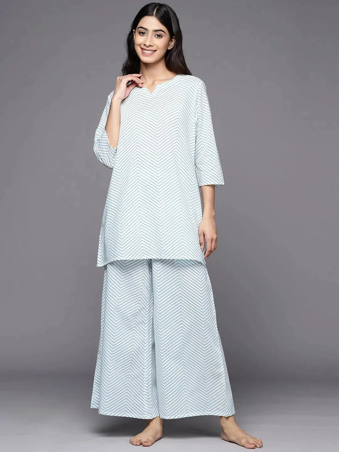 White Printed Cotton Night Suit - Libas