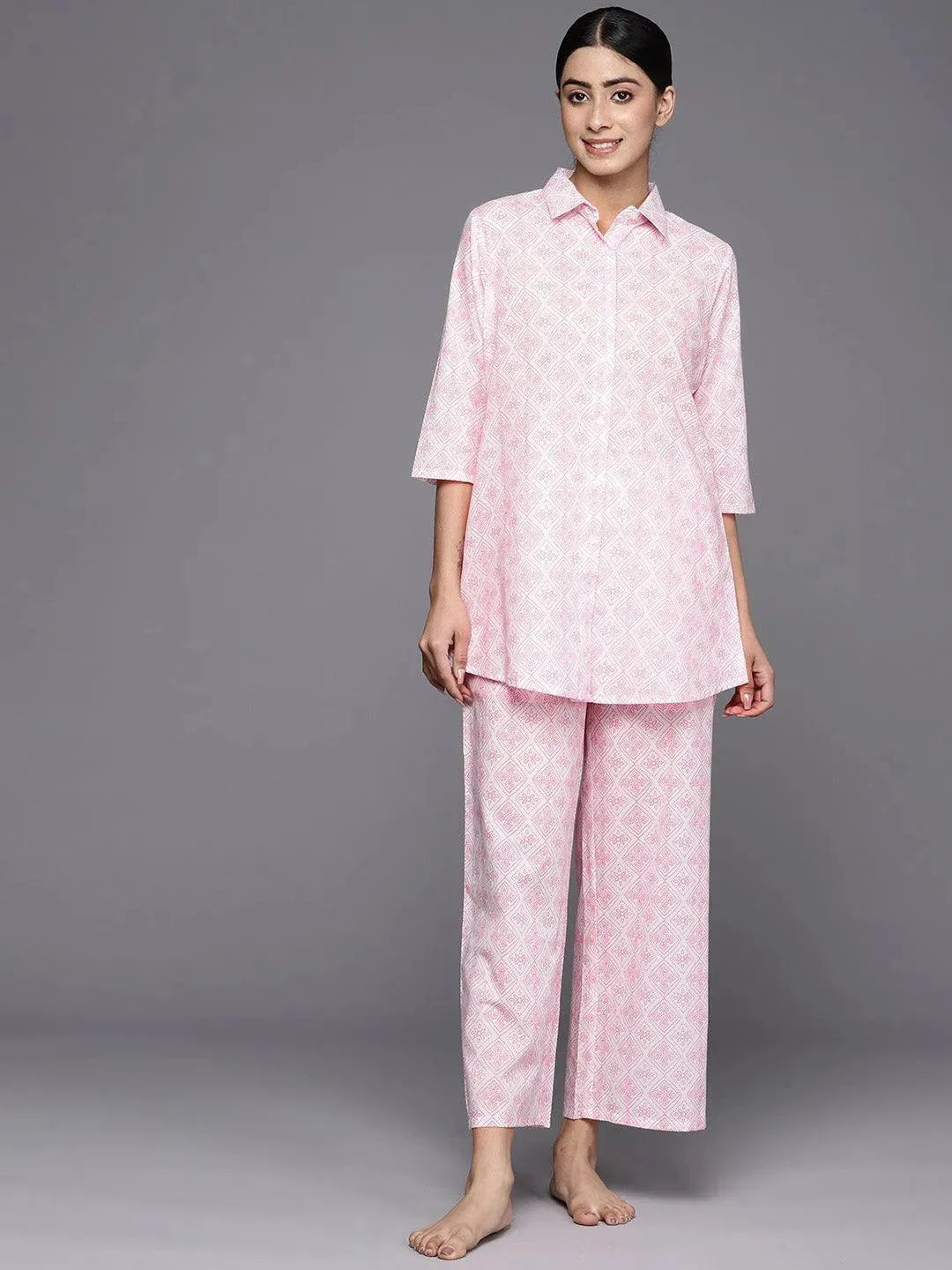 White Printed Cotton Night Suit - Libas