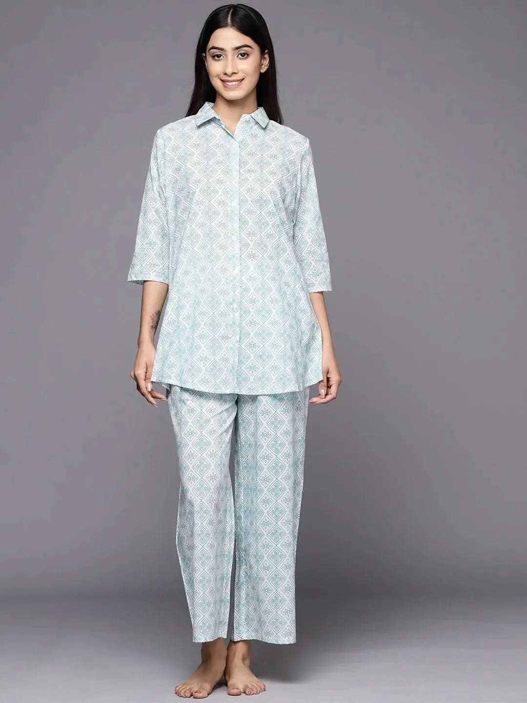 

White Printed Cotton Night Suit