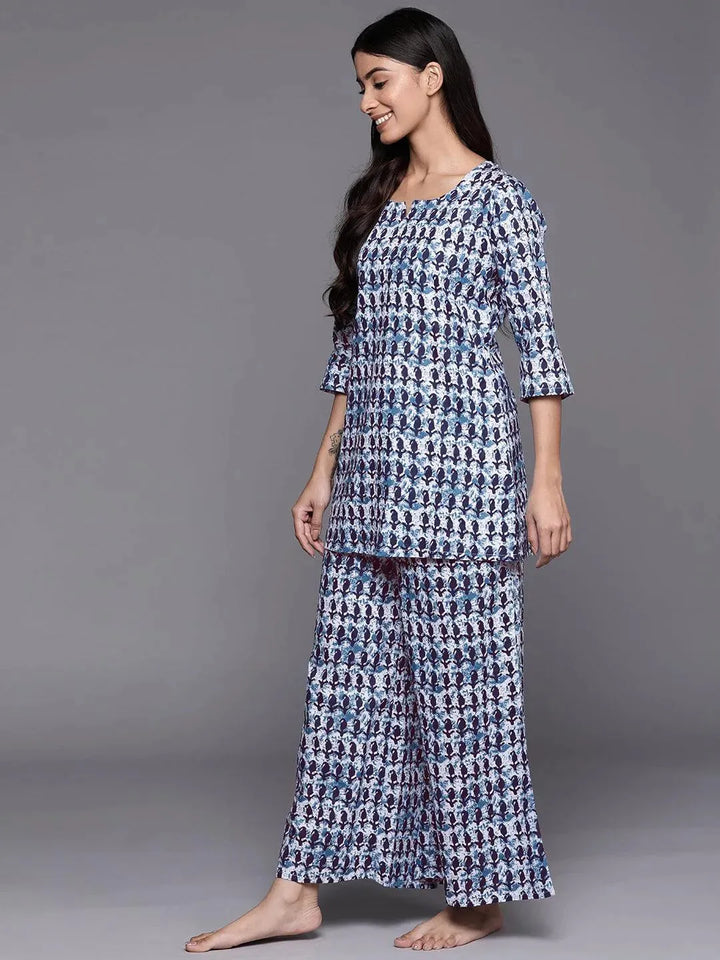 White Printed Cotton Night Suit - Libas