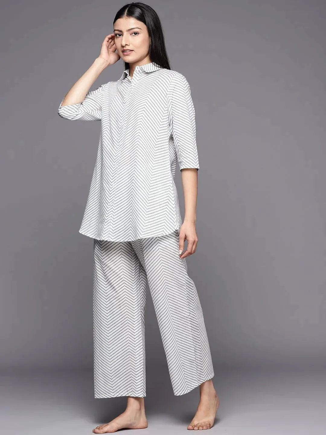 White Printed Cotton Night Suit - Libas