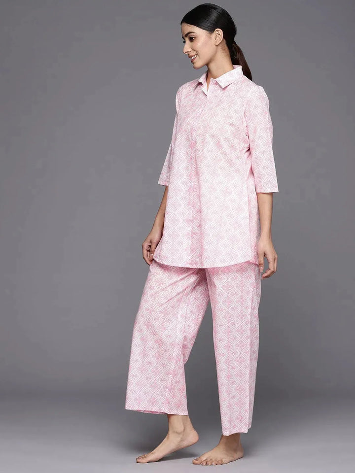 White Printed Cotton Night Suit - Libas