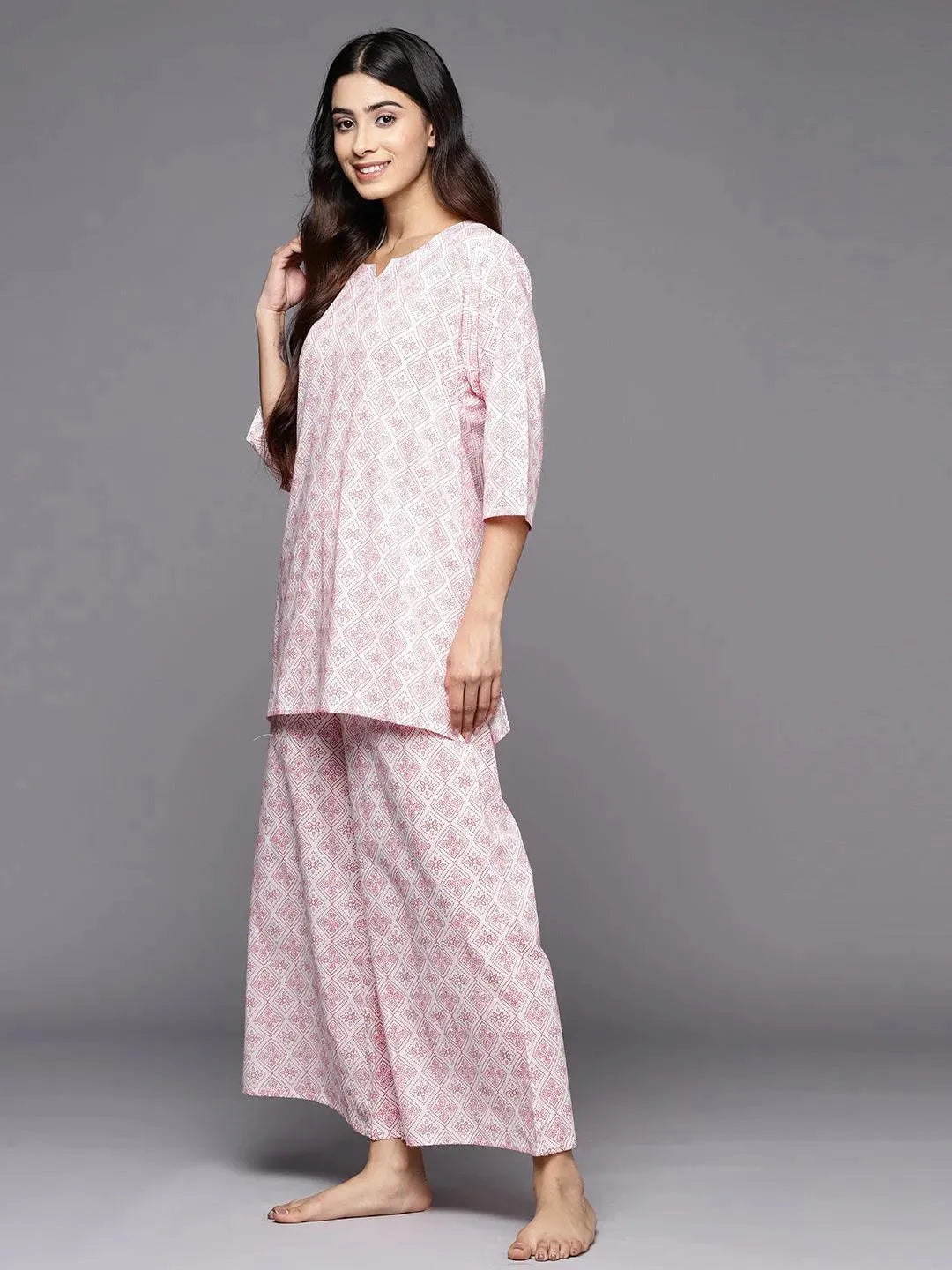 White Printed Cotton Night Suit - Libas 
