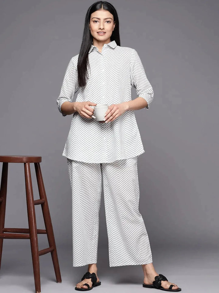 White Printed Cotton Night Suit - Libas