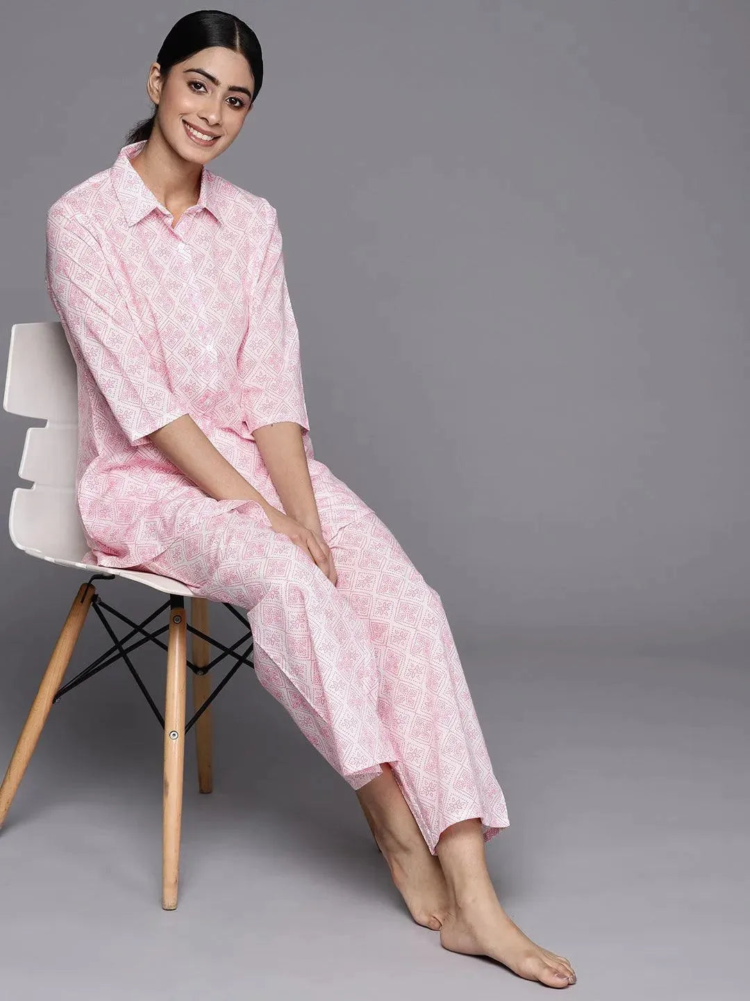 White Printed Cotton Night Suit - Libas 