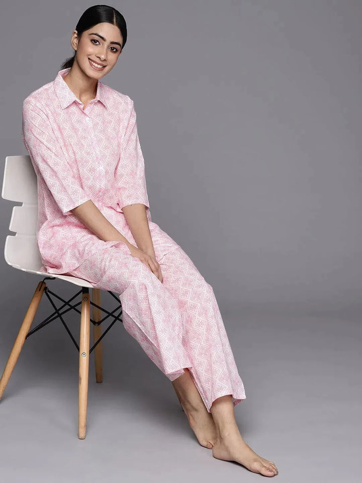 White Printed Cotton Night Suit - Libas