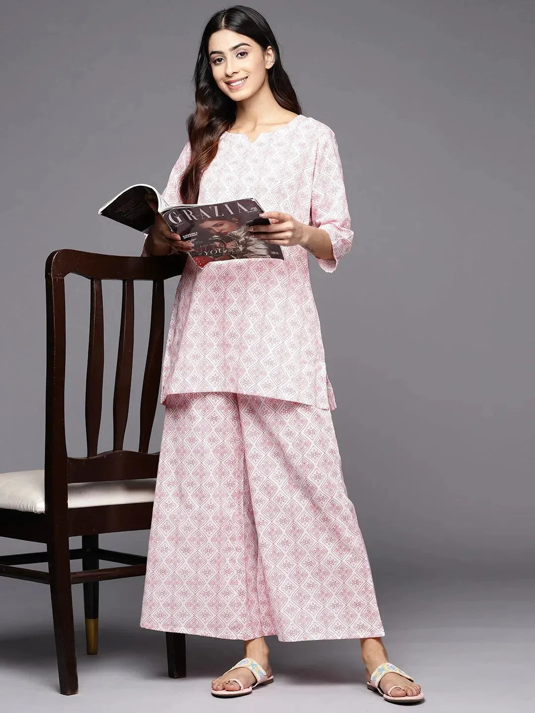 White Printed Cotton Night Suit - Libas 