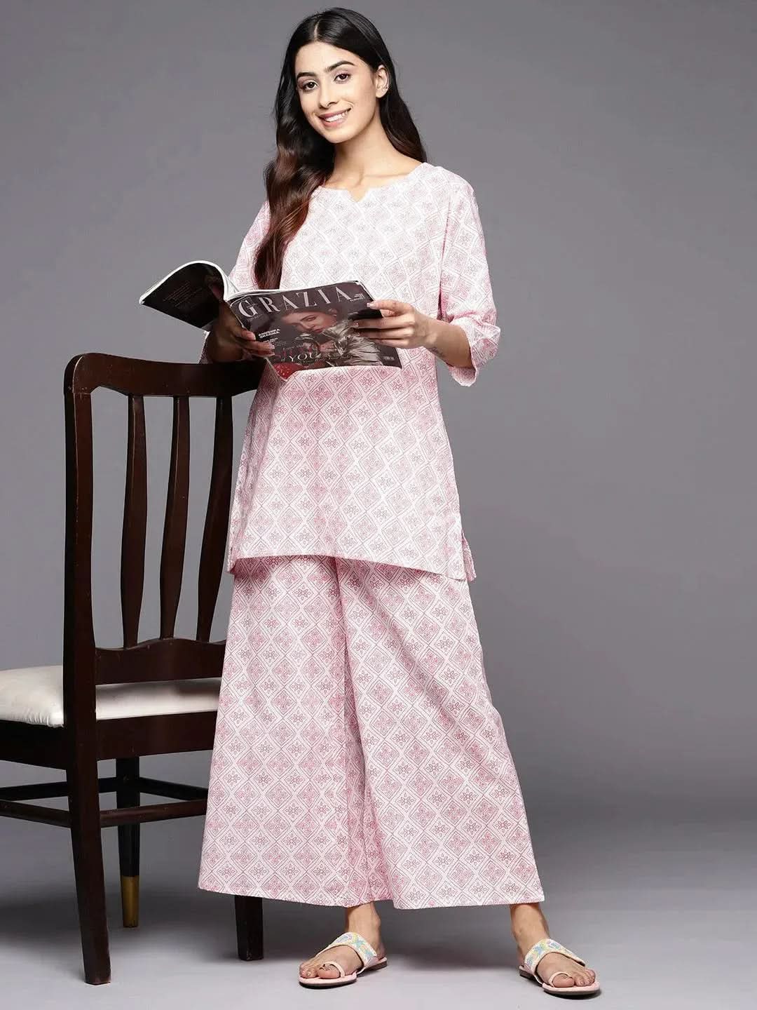 

White Printed Cotton Night Suit