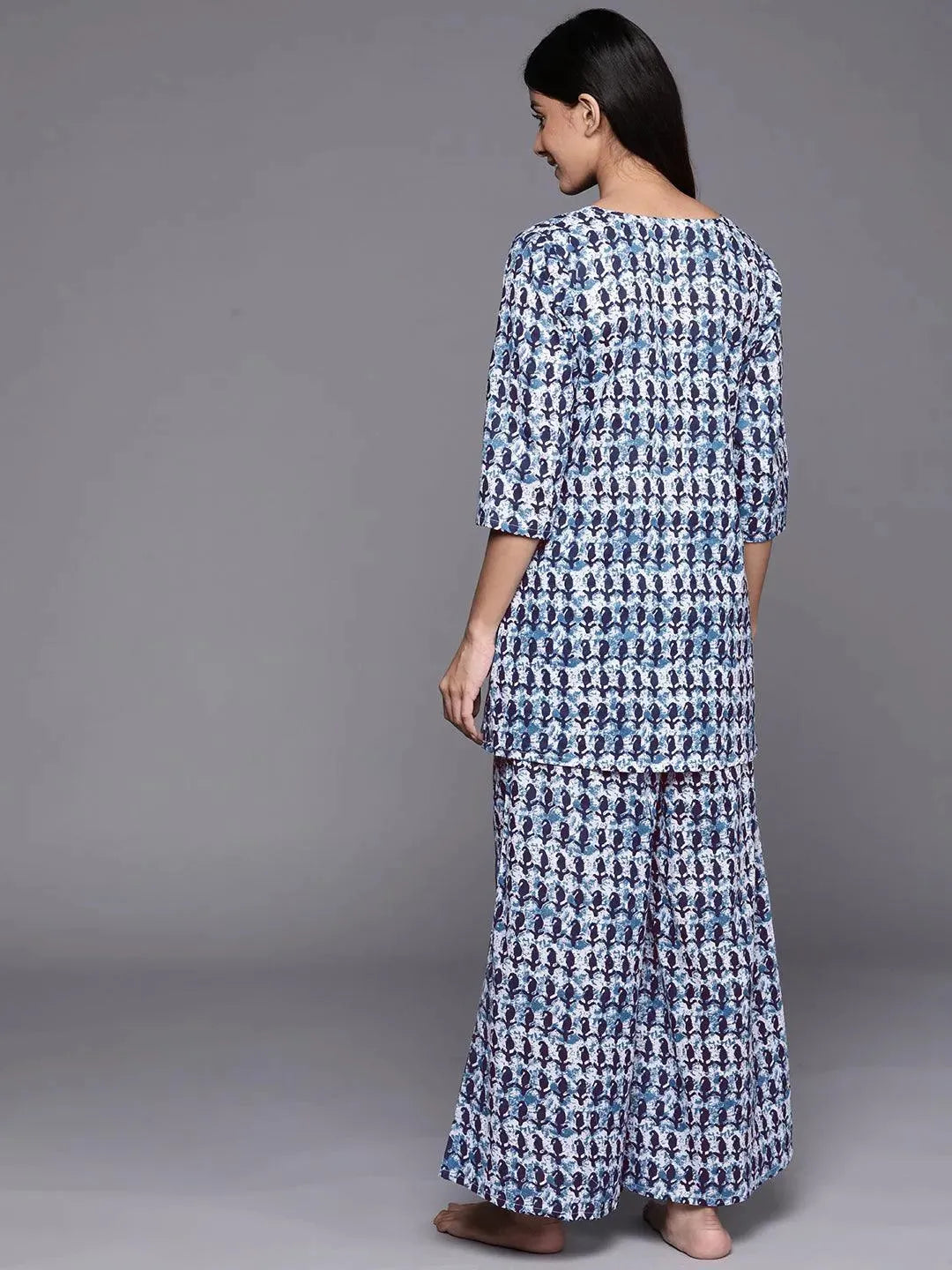 White Printed Cotton Night Suit - Libas 