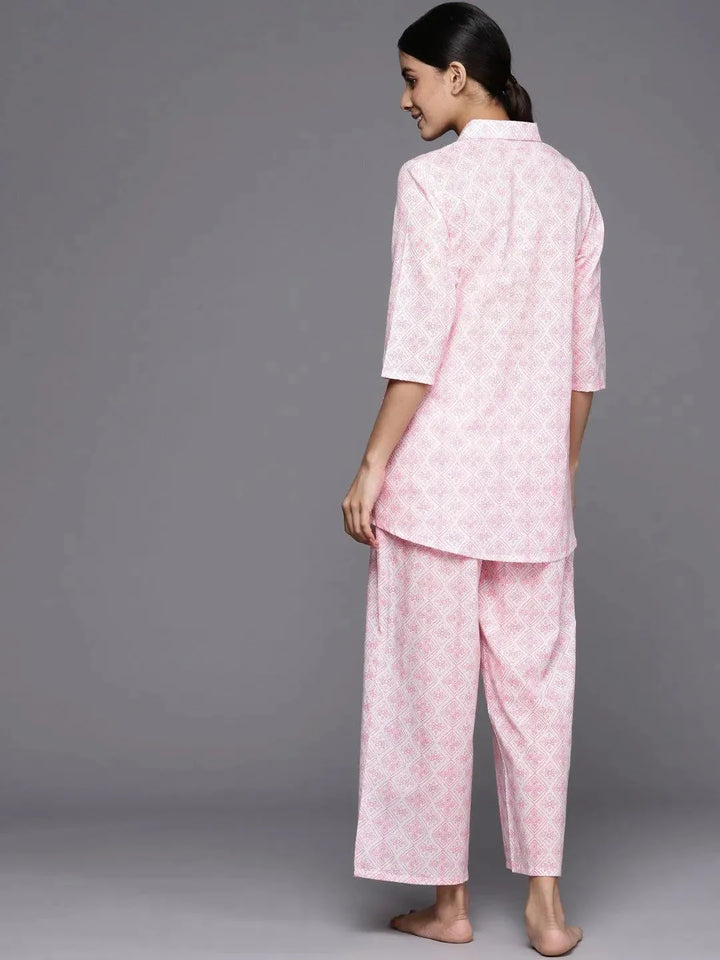 White Printed Cotton Night Suit - Libas