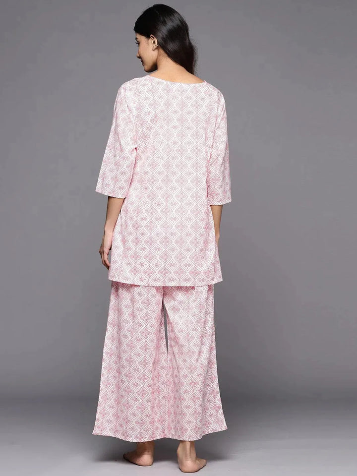 White Printed Cotton Night Suit - Libas