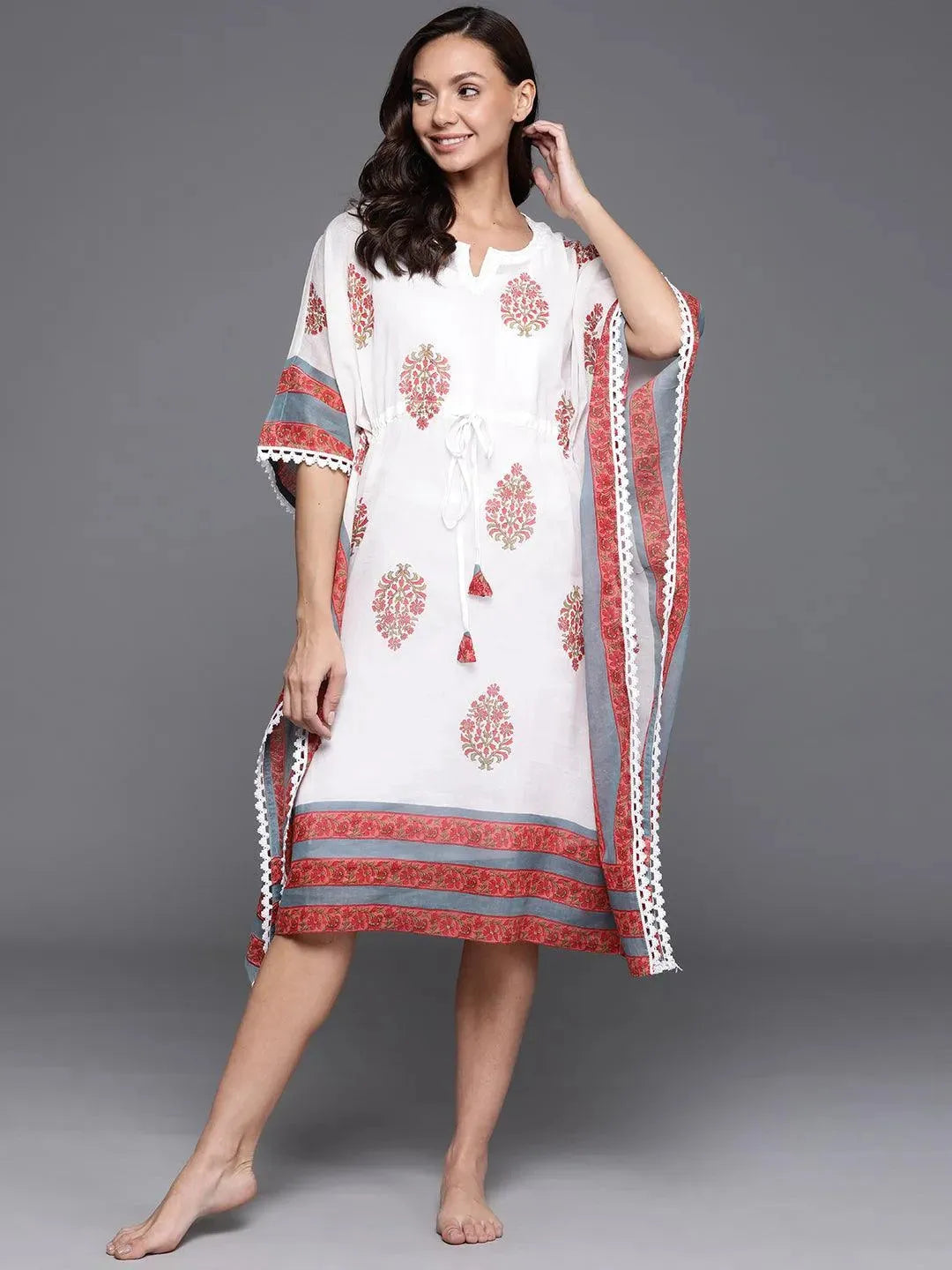 White Printed Cotton Nightdress - Libas