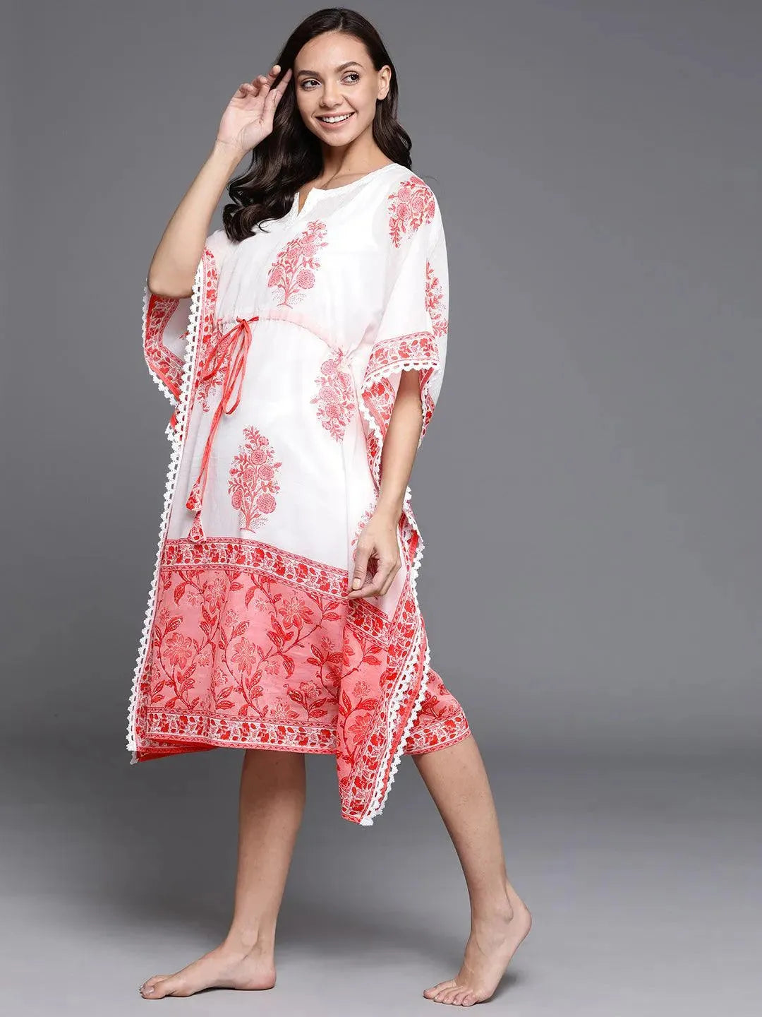 White Printed Cotton Nightdress - Libas