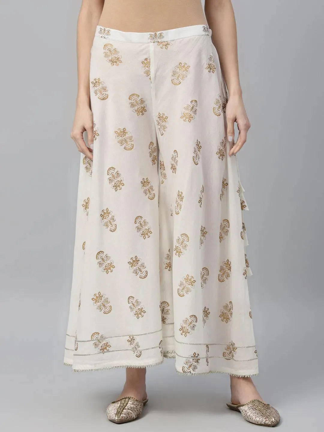 White Printed Cotton Palazzos - Libas