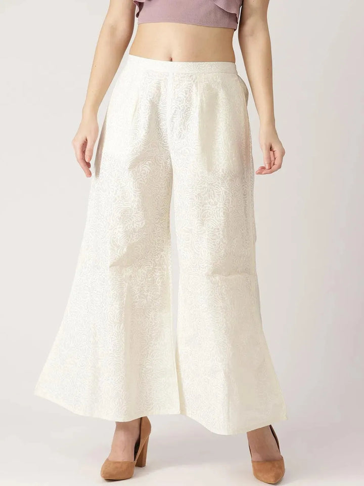 White Printed Cotton Palazzos - Libas