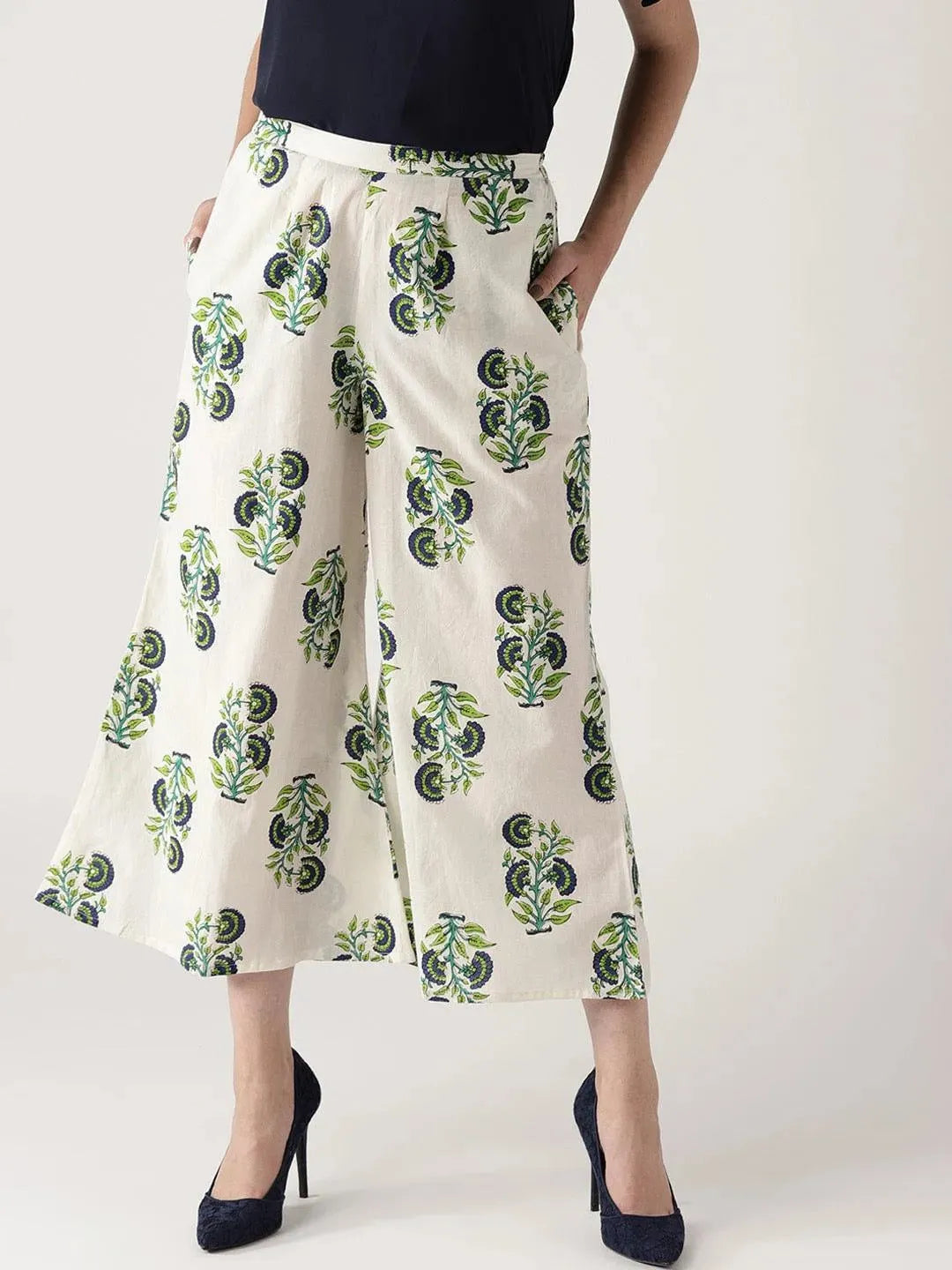 White Printed Cotton Palazzos - Libas 