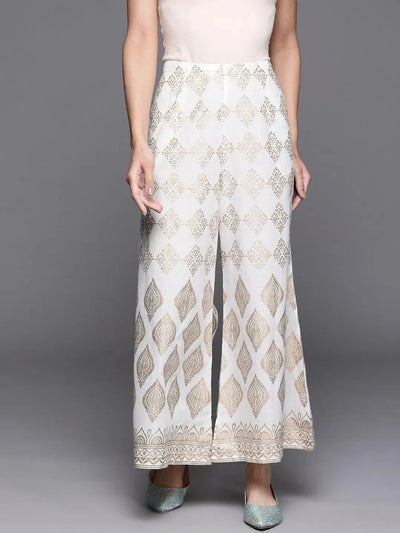 White Printed Cotton Palazzos - Libas