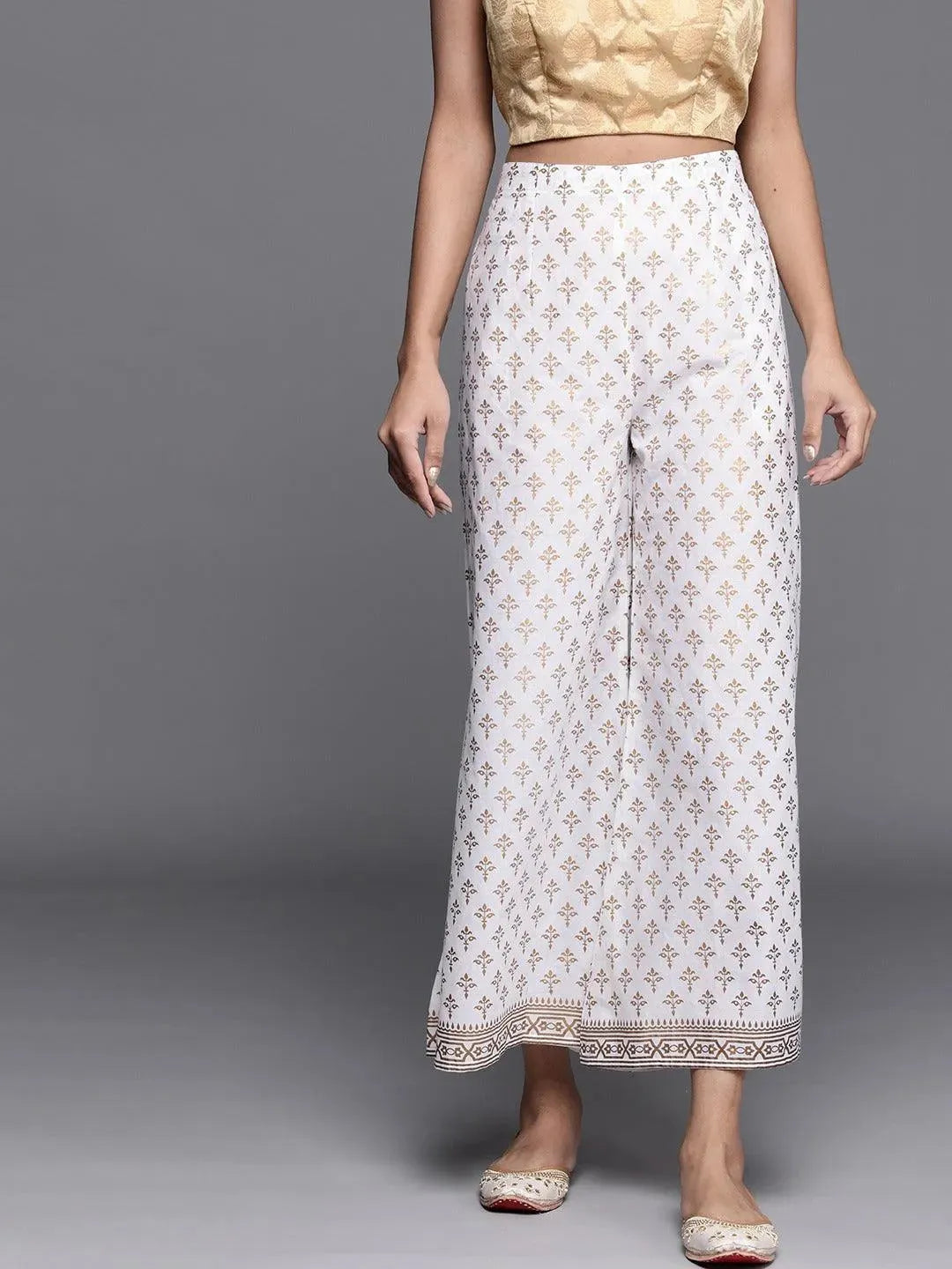 White Printed Cotton Palazzos - Libas