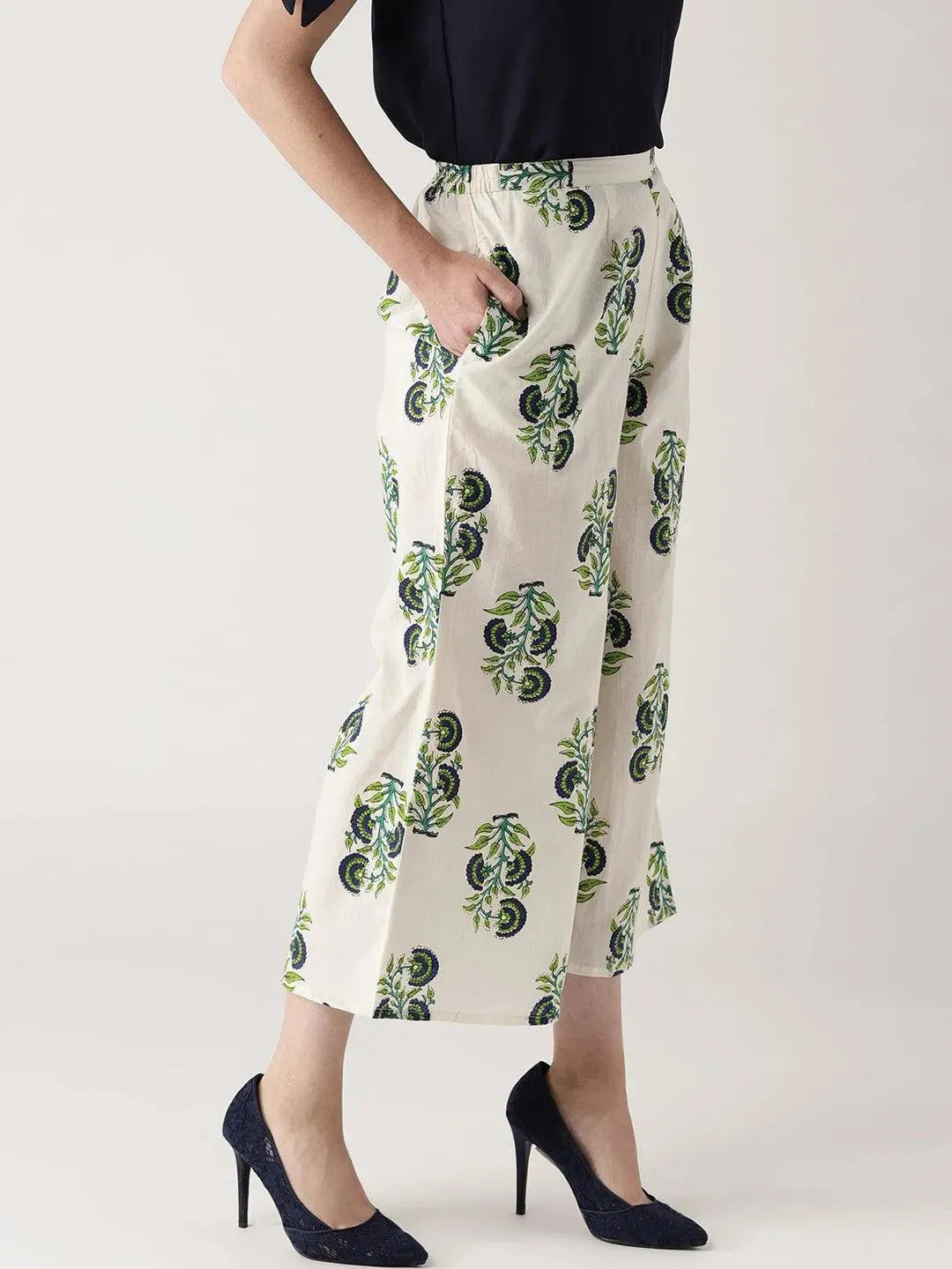 White Printed Cotton Palazzos - Libas 