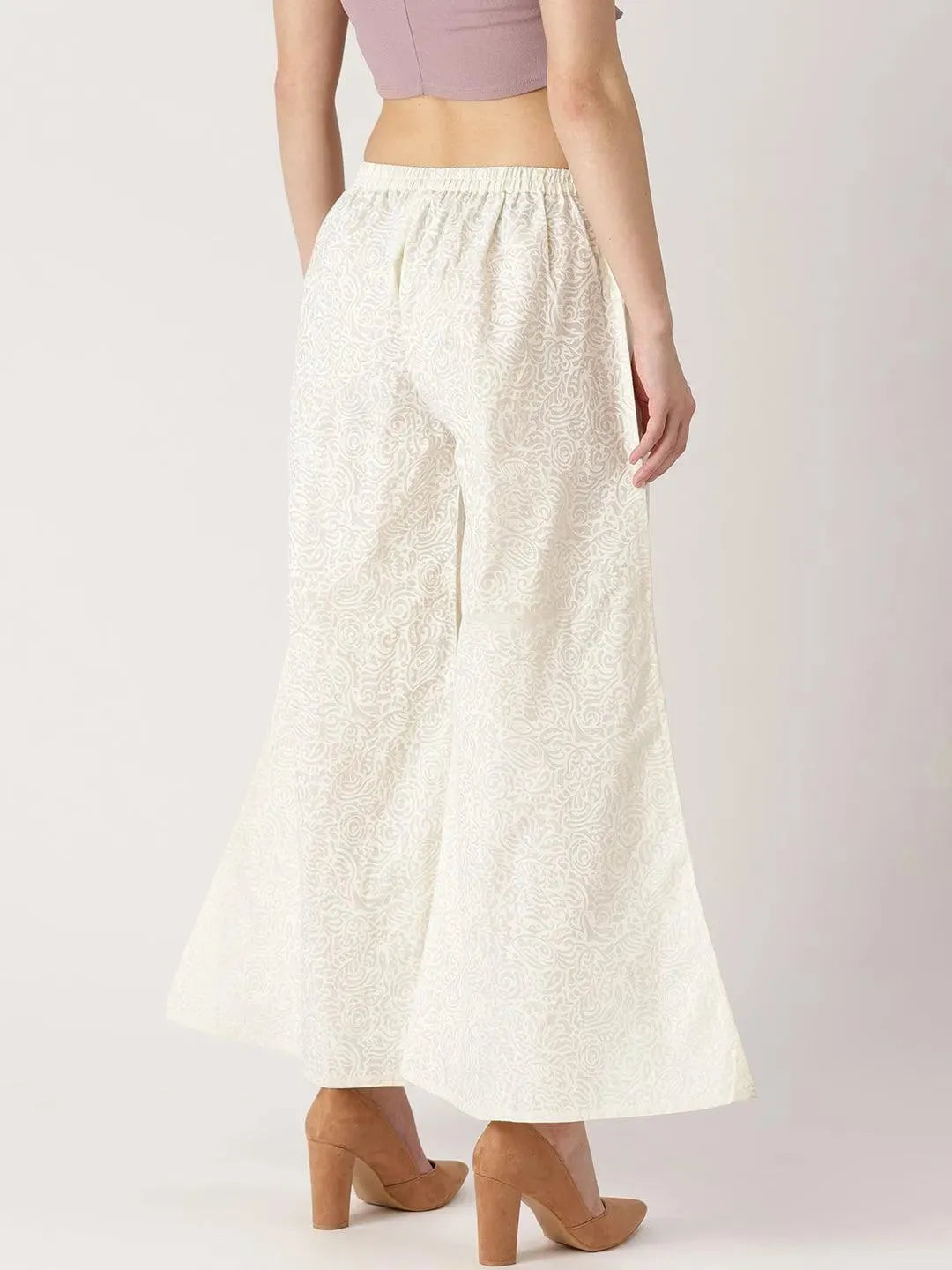 White Printed Cotton Palazzos - Libas 