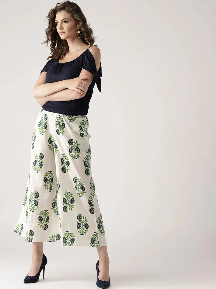White Printed Cotton Palazzos - Libas
