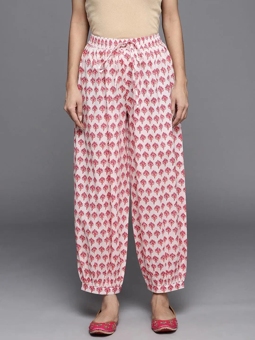 White Printed Cotton Salwar Pants - Libas