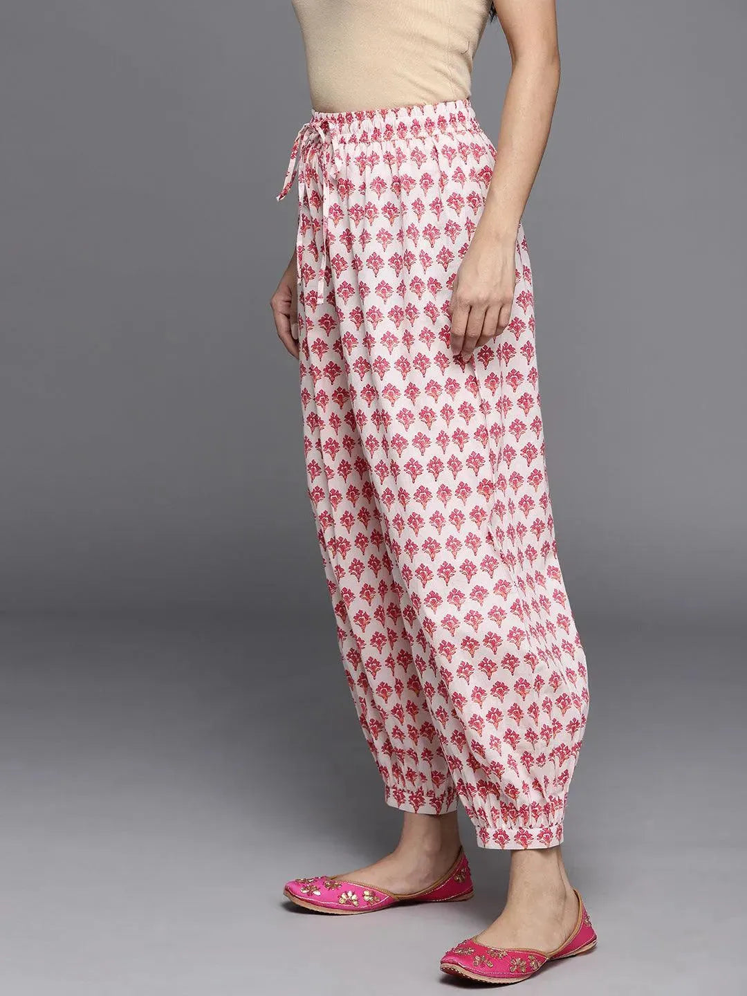 White Printed Cotton Salwar Pants - Libas