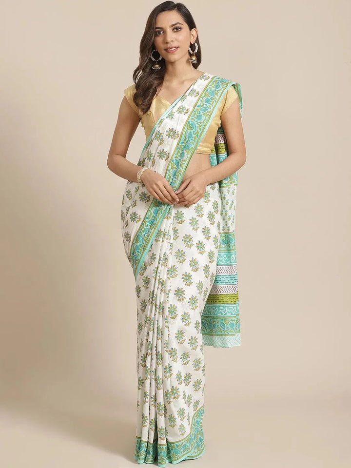 White Printed Cotton Saree - Libas