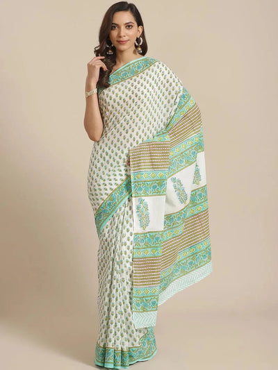 White Printed Cotton Saree - Libas